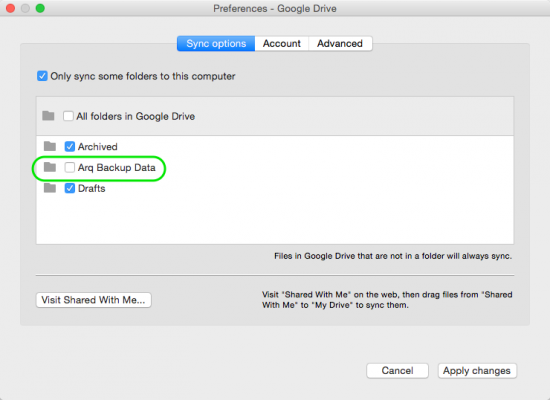 Google Drive settings for Arq 4